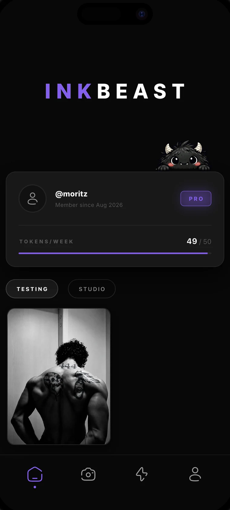 INKBEAST home screen: profile, weekly tokens and recent projects